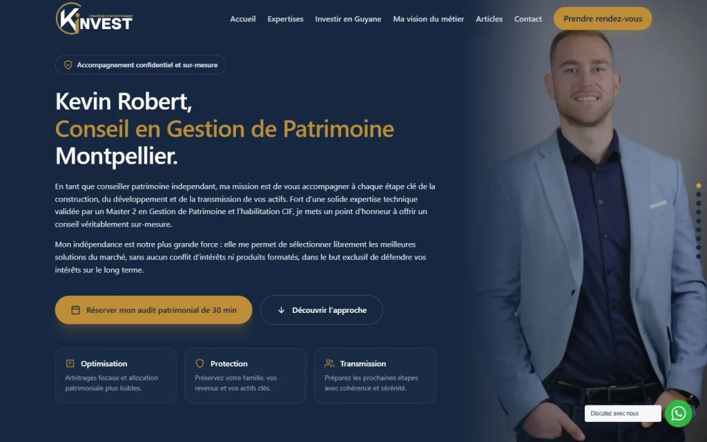 Page d'accueil du site K-Invest sur ordinateur