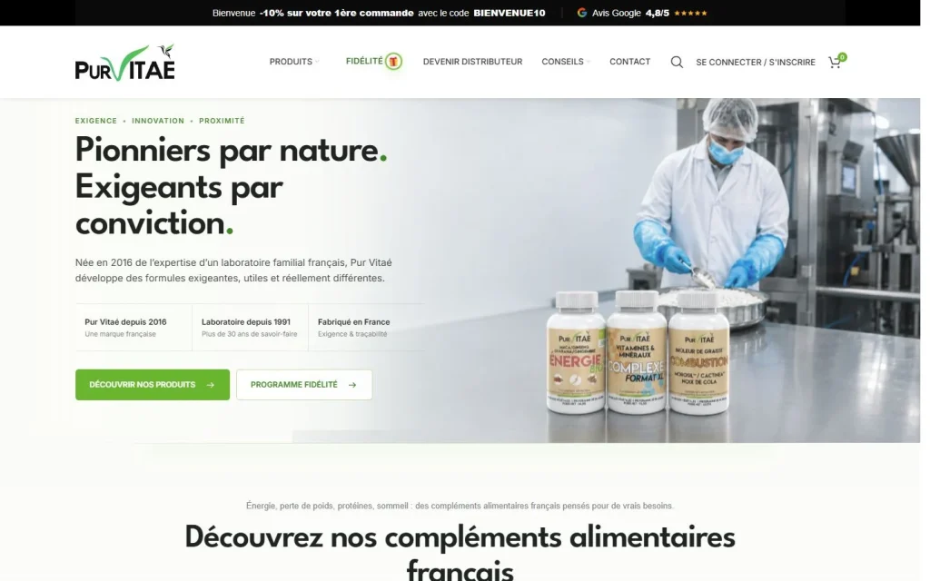 Page d'accueil du site Purvitae sur ordinateur